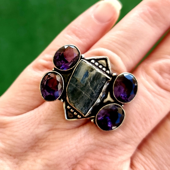 New Natural Kyanite & Amethyst 925 Silver Ring. - Picture 6 of 8